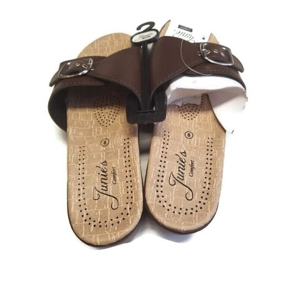 Junies Comfort Slip On Wedge Sandals Womens Size 8 Brown Single Buckle - Picture 3 of 4